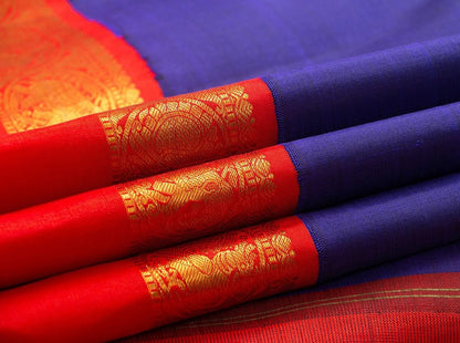 Royal Blue Kanchipuram Silk Saree With Red Korvai Border Handwoven Pure Silk Pure Zari For Wedding Wear PV NYC 945 - Silk Sari - Panjavarnam PV NYC 945