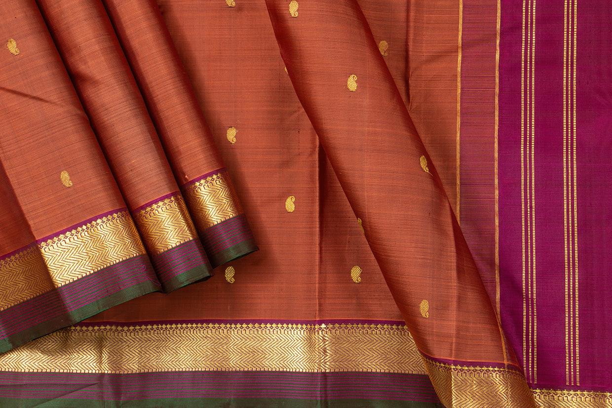 Rust And Magenta Kanchipuram Silk Saree With Medium Border Handwoven Pure Silk For Festive Wear PV J 563 - Silk Sari - Panjavarnam PV J 563