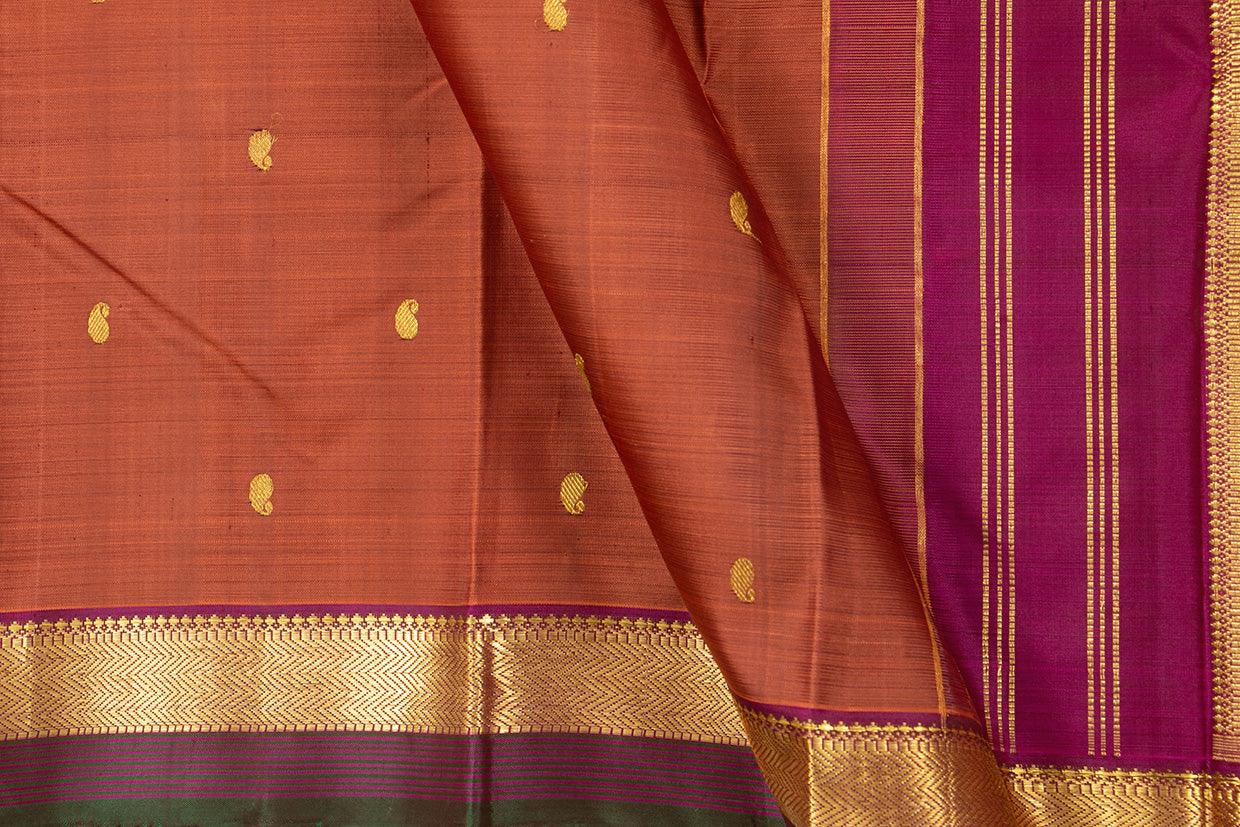 Rust And Magenta Kanchipuram Silk Saree With Medium Border Handwoven Pure Silk For Festive Wear PV J 563 - Silk Sari - Panjavarnam PV J 563