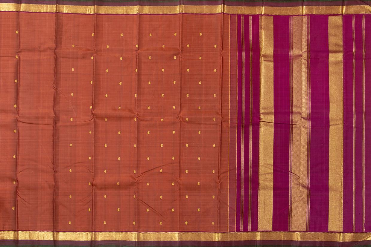 Rust And Magenta Kanchipuram Silk Saree With Medium Border Handwoven Pure Silk For Festive Wear PV J 563 - Silk Sari - Panjavarnam PV J 563