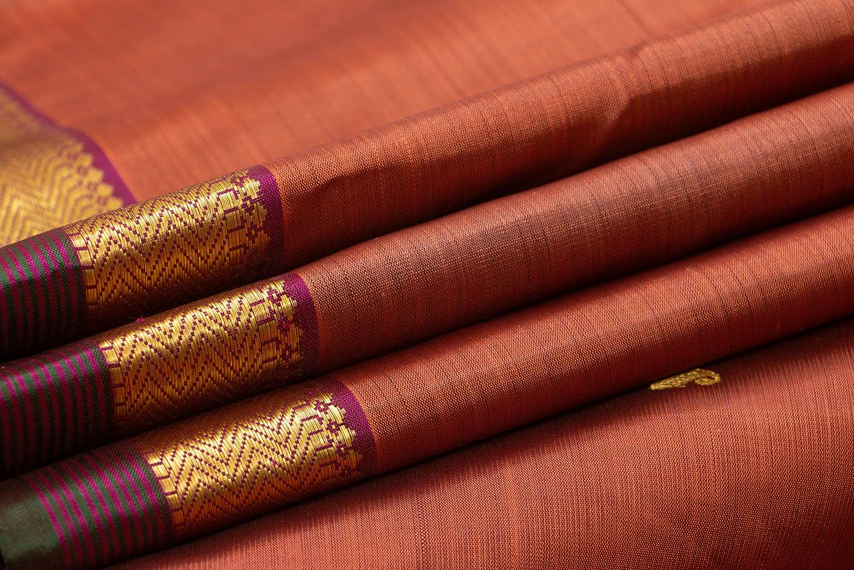 Rust And Magenta Kanchipuram Silk Saree With Medium Border Handwoven Pure Silk For Festive Wear PV J 563 - Silk Sari - Panjavarnam PV J 563