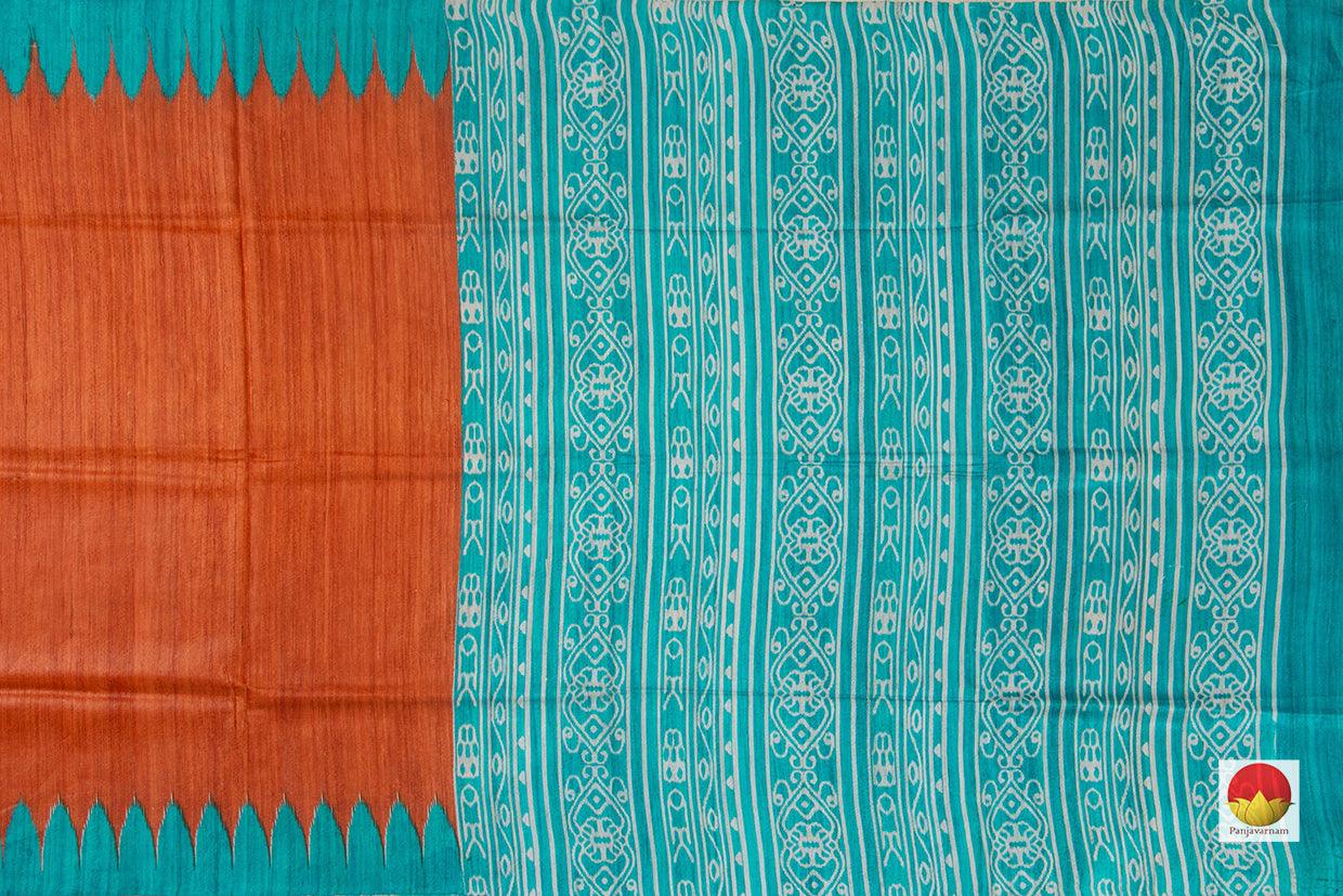 Rust Orange And Cyan Pure Tussar Silk Saree Handwoven PT 760 - Tussar Silk - Panjavarnam