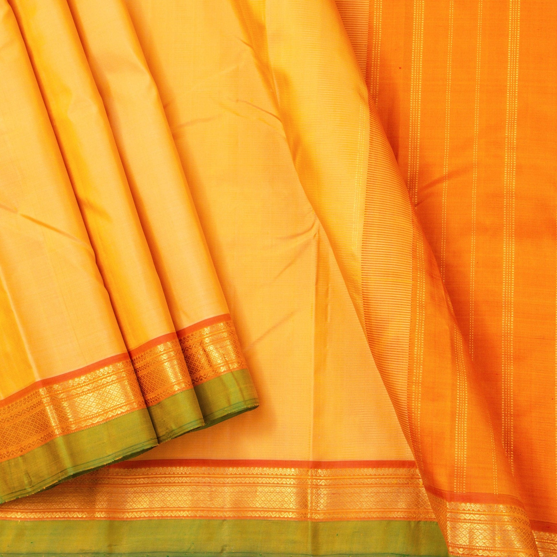 Sandal And Orange Kanchipuram Silk Saree With Small Border Handwoven Pure Silk For Festive Wear PV J 2462 - Silk Sari - Panjavarnam PV J 2462