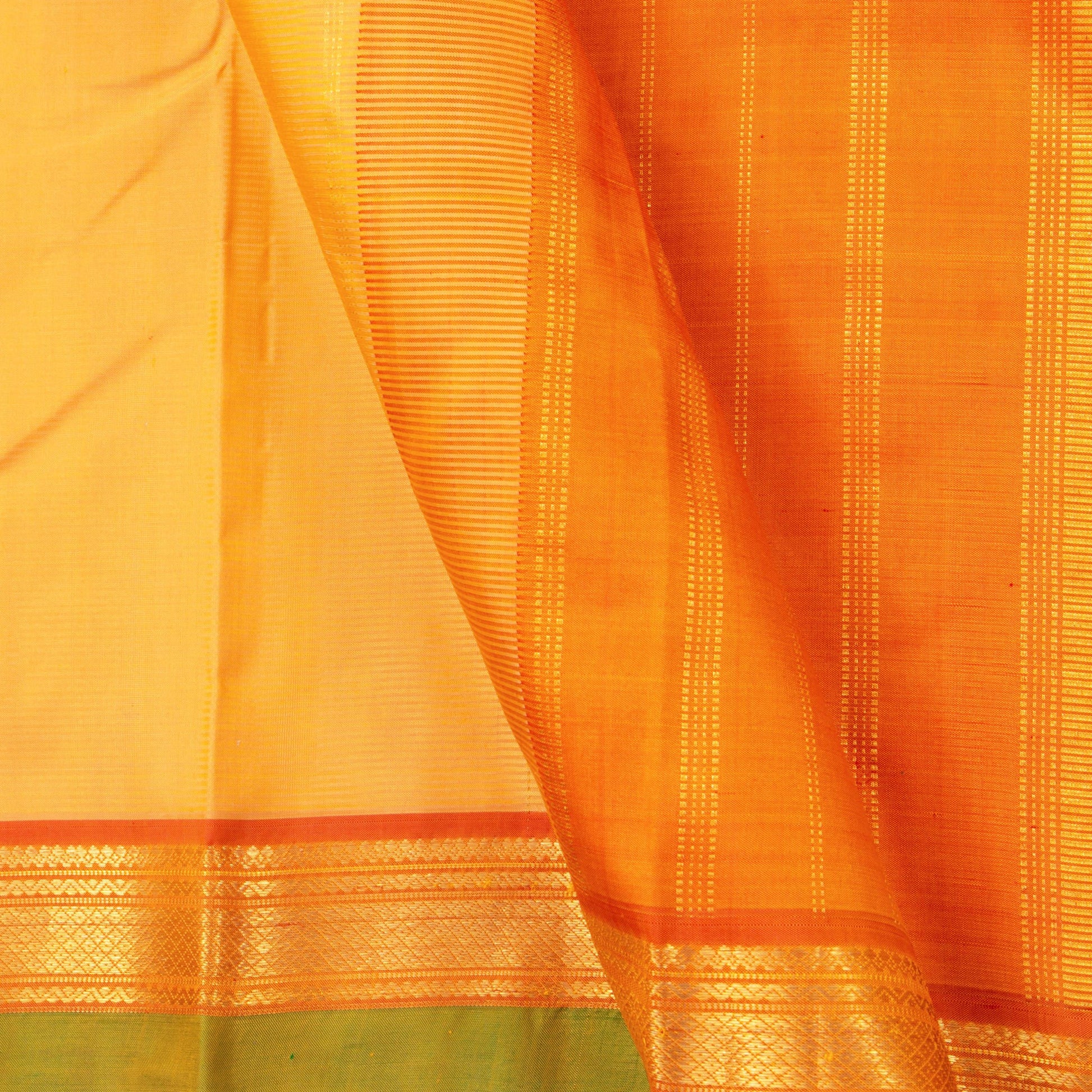 Sandal And Orange Kanchipuram Silk Saree With Small Border Handwoven Pure Silk For Festive Wear PV J 2462 - Silk Sari - Panjavarnam PV J 2462