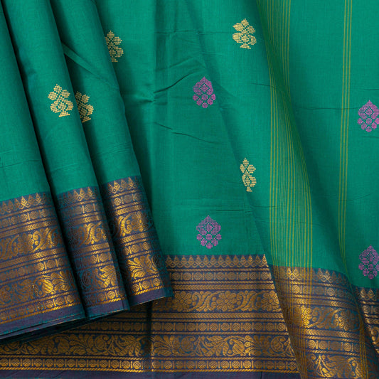 Sea Green And Blue Chettinad Cotton Saree PV SK CC 192 - Cotton Saree - Panjavarnam PV SK CC 192