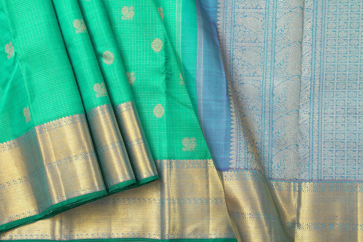 Sea Green And Blue Kanchipuram Silk Saree With Medium Border Handwoven Pure Silk For Wedding Wear PV NYC 1002 - Silk Sari - Panjavarnam PV NYC 1002