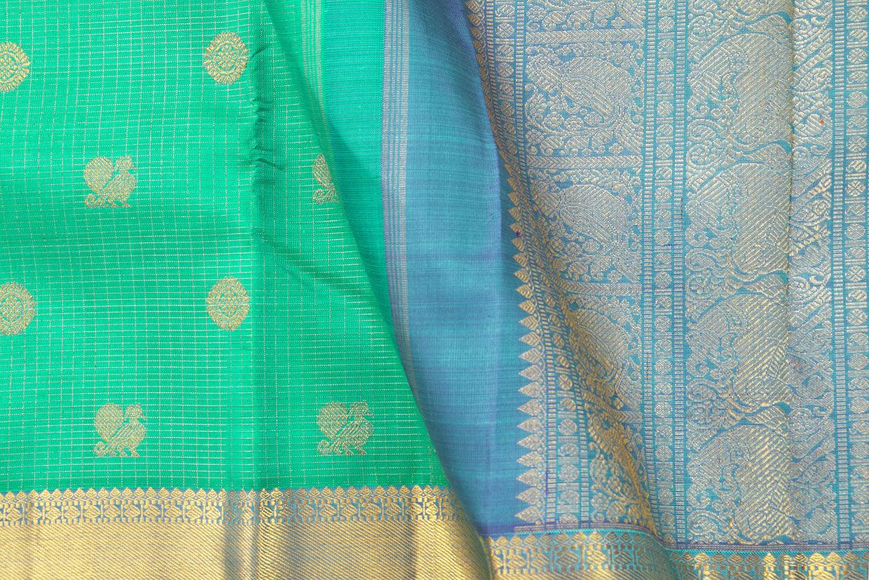 Sea Green And Blue Kanchipuram Silk Saree With Medium Border Handwoven Pure Silk For Wedding Wear PV NYC 1002 - Silk Sari - Panjavarnam PV NYC 1002