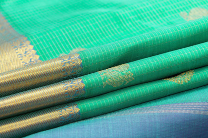 Sea Green And Blue Kanchipuram Silk Saree With Medium Border Handwoven Pure Silk For Wedding Wear PV NYC 1002 - Silk Sari - Panjavarnam PV NYC 1002