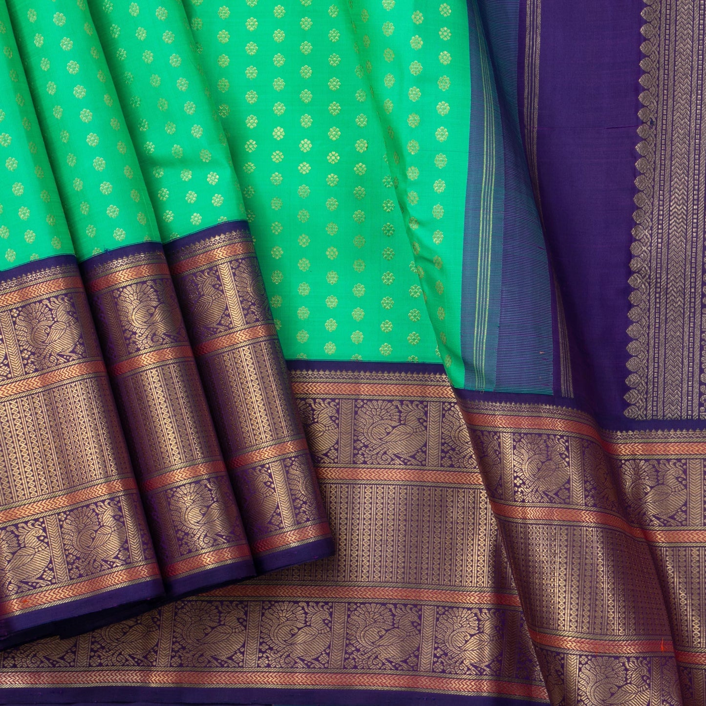 Sea Green And Blue Kanchipuram Silk Saree With Medium Border Handwoven Pure Silk For Wedding Wear PV NYC 1139 - Silk Sari - Panjavarnam PV NYC 1139