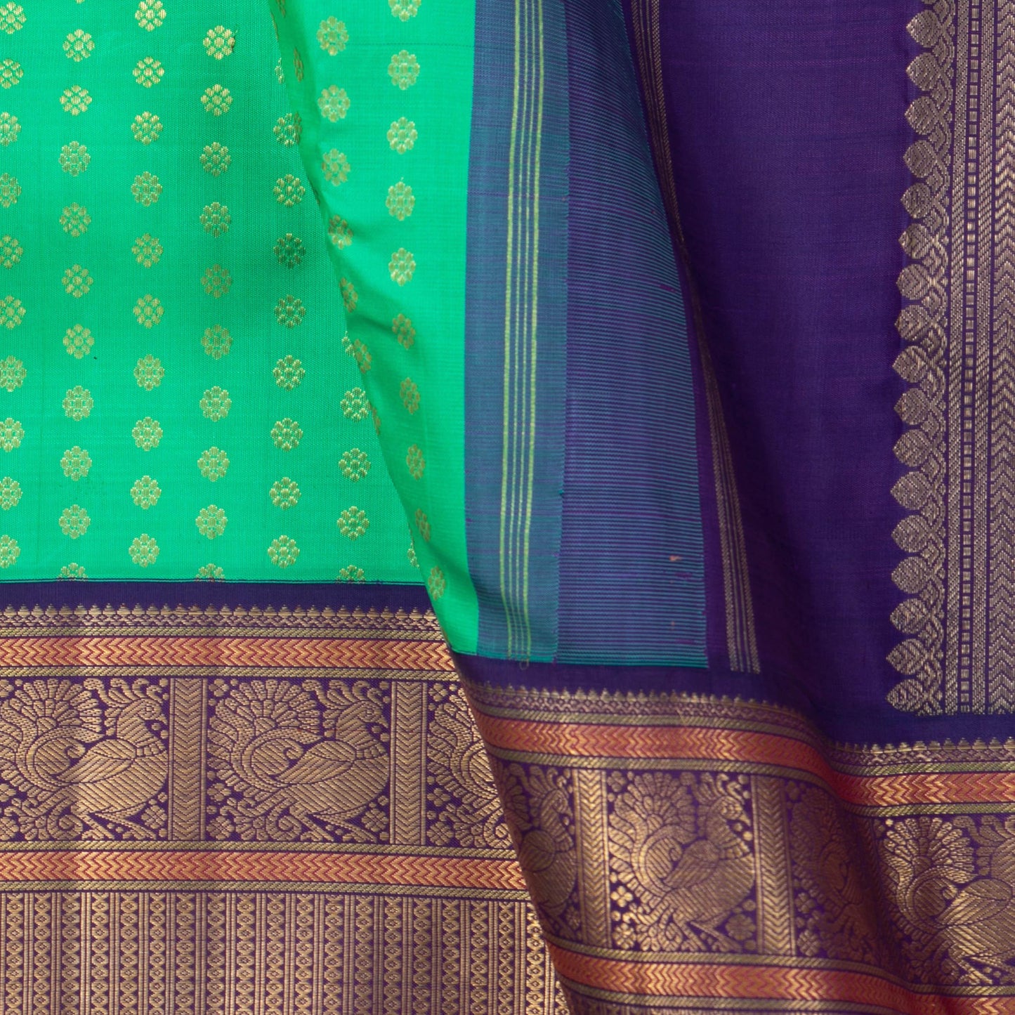 Sea Green And Blue Kanchipuram Silk Saree With Medium Border Handwoven Pure Silk For Wedding Wear PV NYC 1139 - Silk Sari - Panjavarnam PV NYC 1139