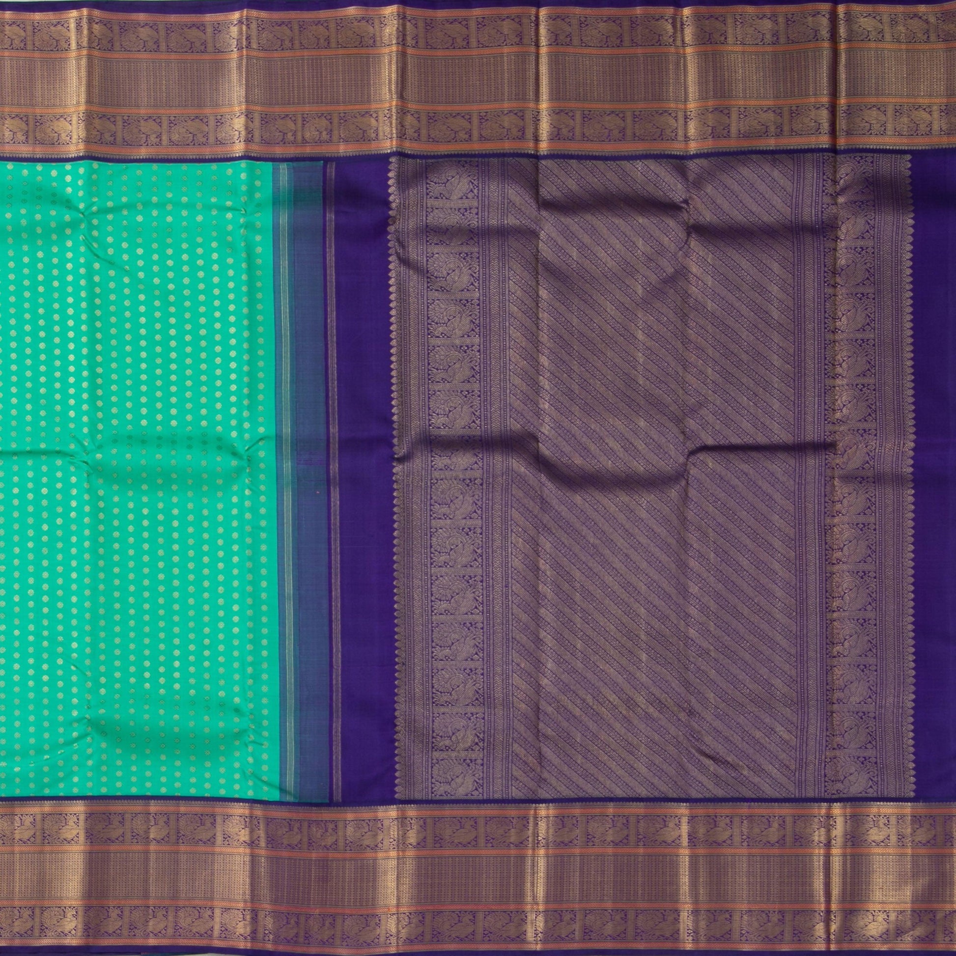 Sea Green And Blue Kanchipuram Silk Saree With Medium Border Handwoven Pure Silk For Wedding Wear PV NYC 1139 - Silk Sari - Panjavarnam PV NYC 1139