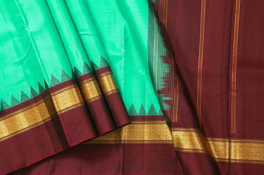 Sea Green And Brown Temple Border Kanchipuram Silk Saree Light Weight For Festive Wear PV KNN 243 - Silk Sari - Panjavarnam
