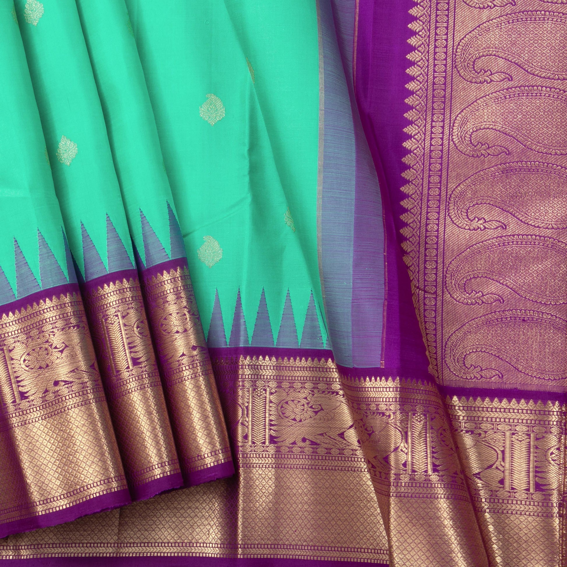 Sea Green And Magenta Kanchipuram Silk Saree With Medium Border Handwoven Pure Silk For Wedding Wear PV NYC 1154 - Silk Sari - Panjavarnam PV NYC 1154