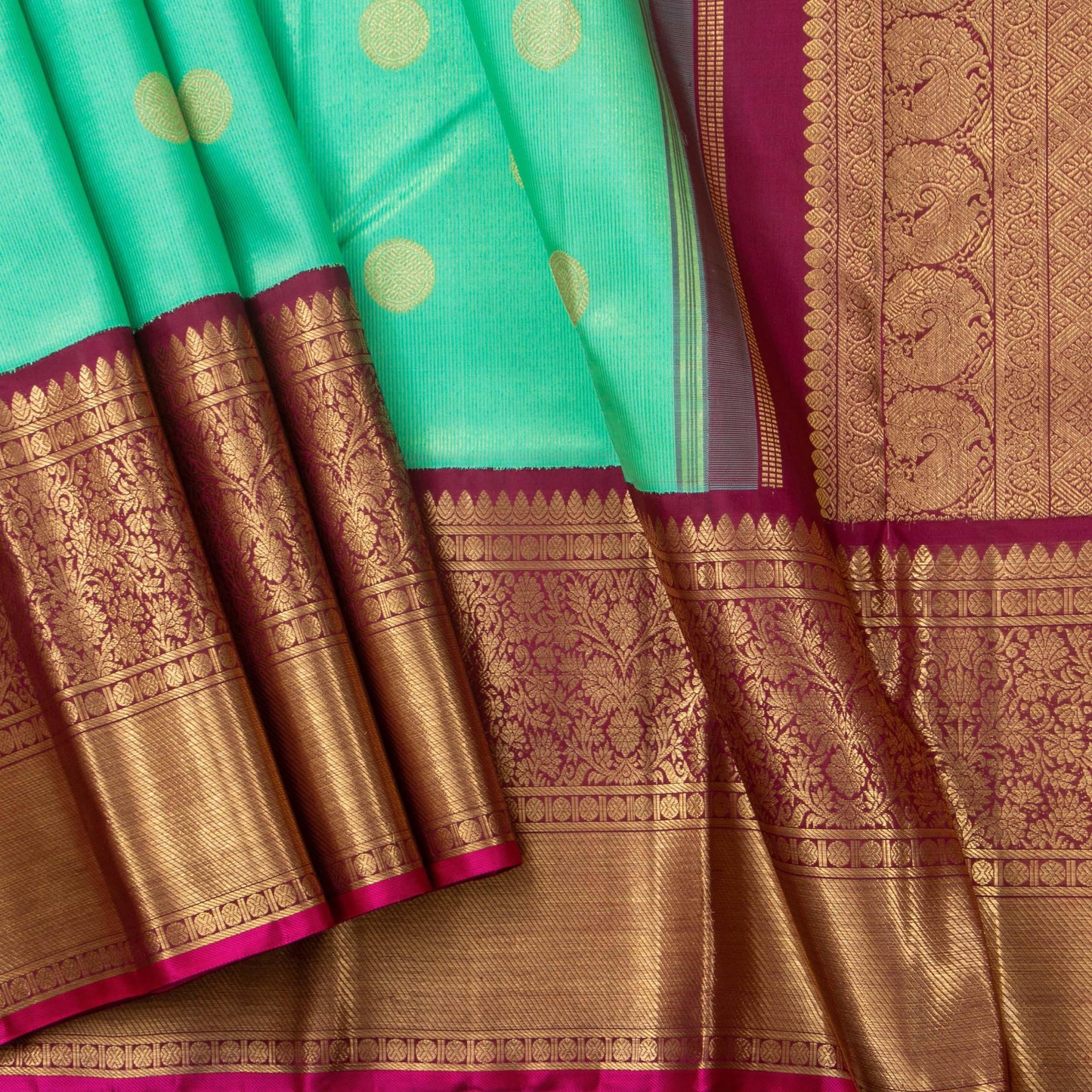 Sea Green And Maroon Kanchipuram Silk Saree With Morning Evening Border Handwoven Pure Silk For Wedding Wear PV NYC 1120 - Silk Sari - Panjavarnam PV NYC 1120