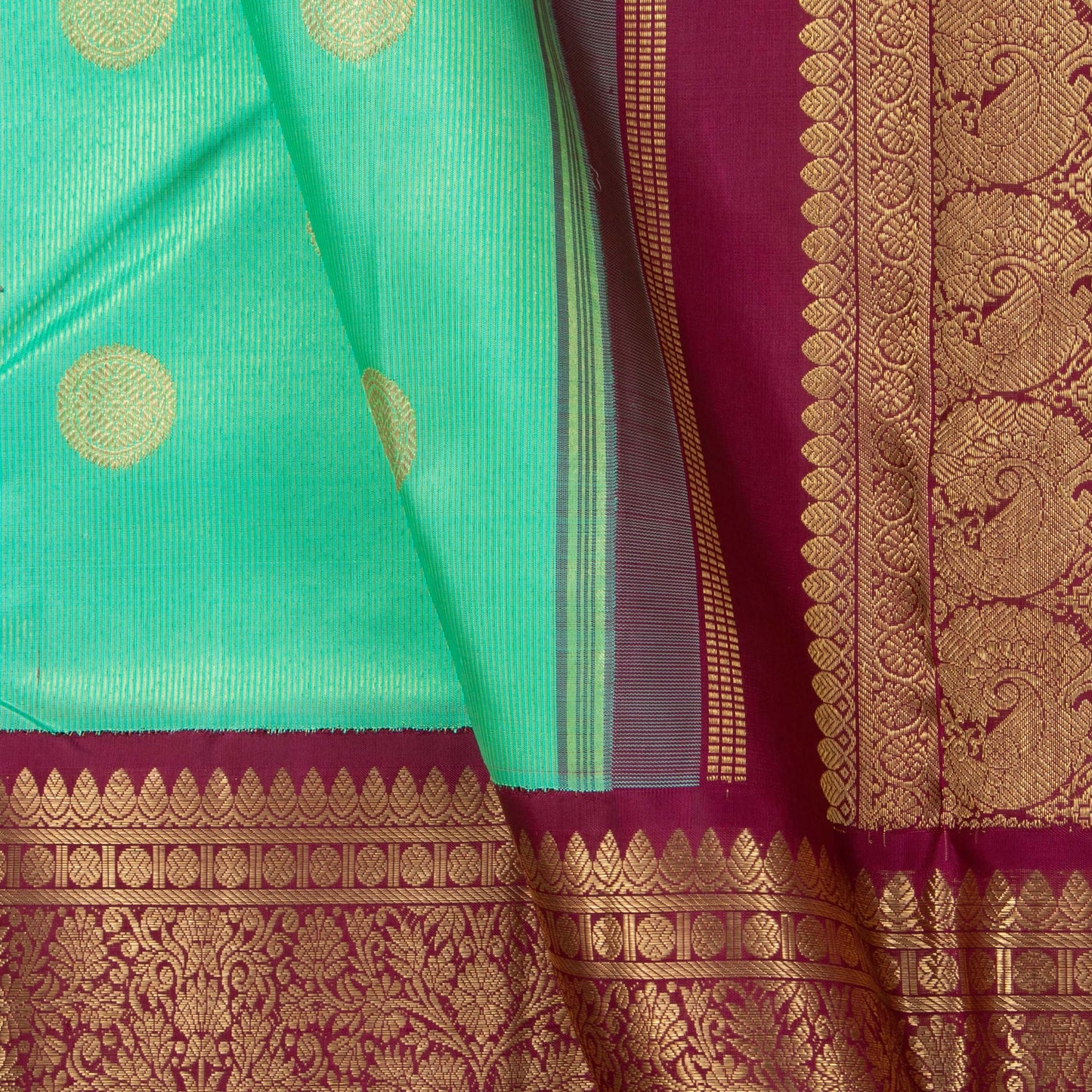 Sea Green And Maroon Kanchipuram Silk Saree With Morning Evening Border Handwoven Pure Silk For Wedding Wear PV NYC 1120 - Silk Sari - Panjavarnam PV NYC 1120