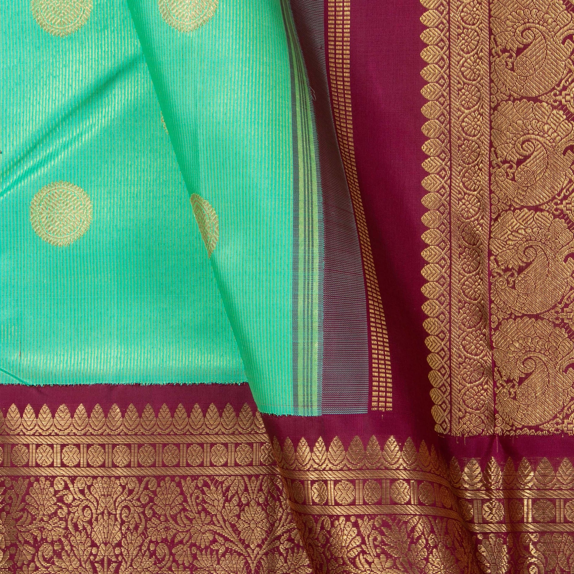 Sea Green And Maroon Kanchipuram Silk Saree With Morning Evening Border Handwoven Pure Silk For Wedding Wear PV NYC 1120 - Silk Sari - Panjavarnam PV NYC 1120