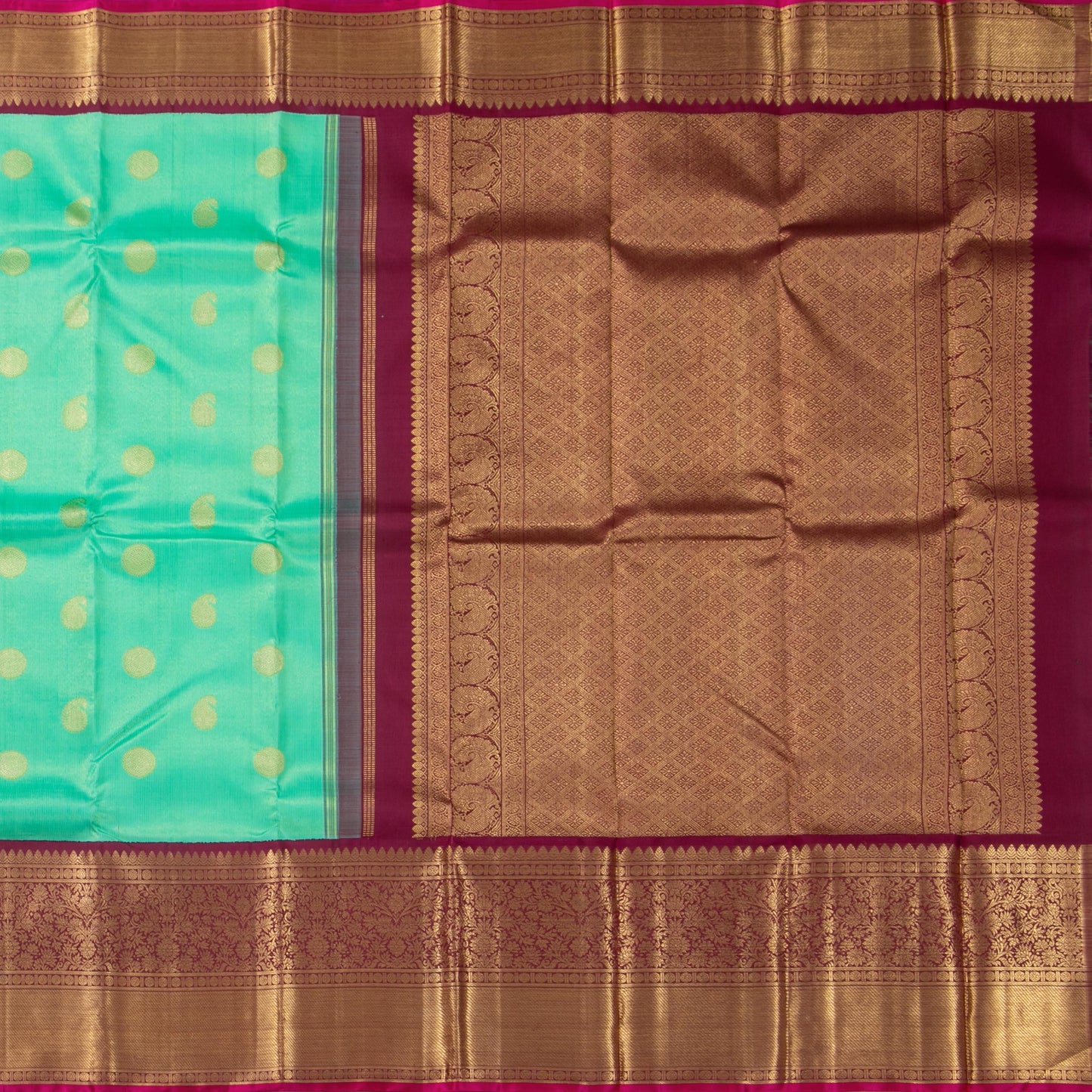 Sea Green And Maroon Kanchipuram Silk Saree With Morning Evening Border Handwoven Pure Silk For Wedding Wear PV NYC 1120 - Silk Sari - Panjavarnam PV NYC 1120