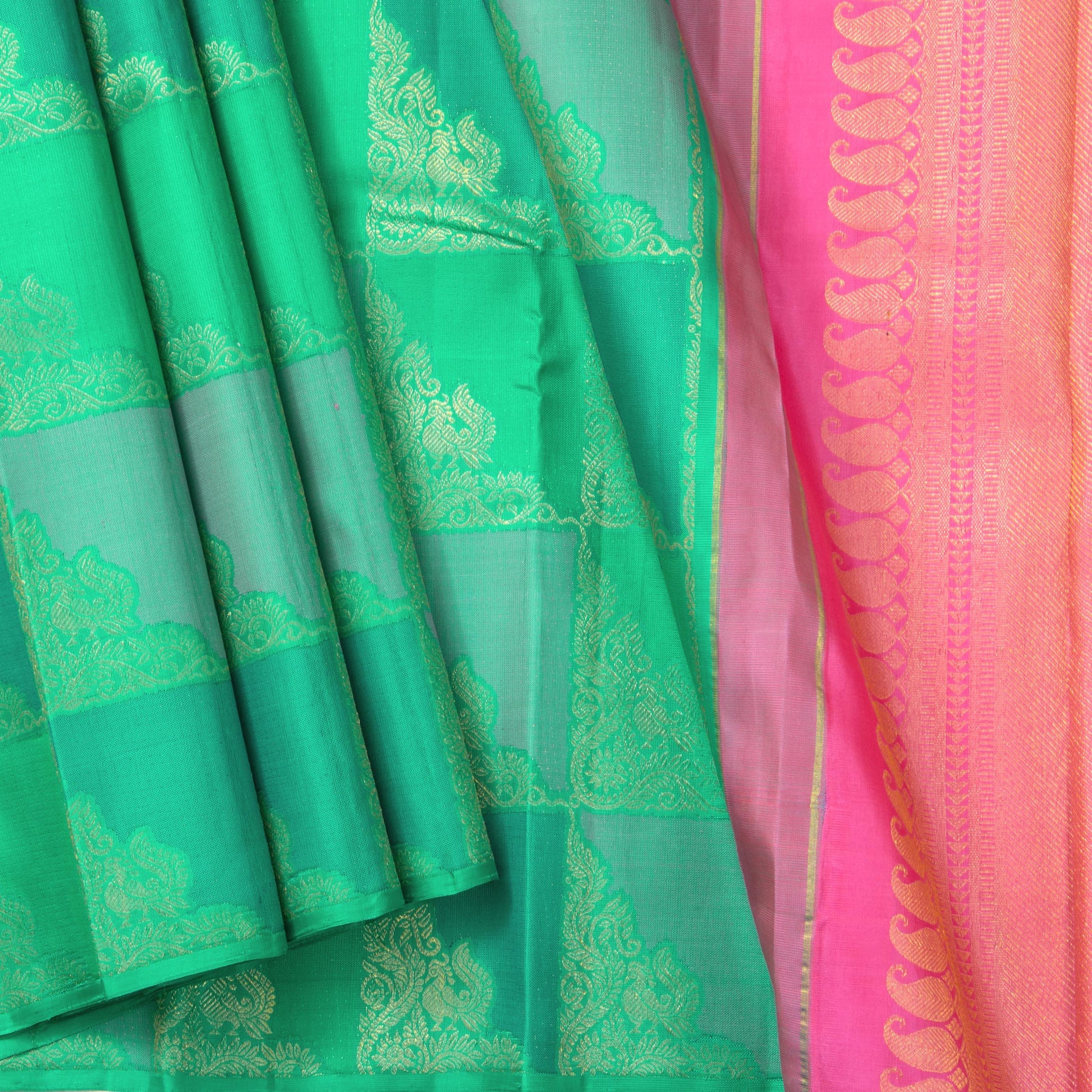 Sea Green And Pink Kanchipuram Silk Saree Borderless Handwoven Pure Silk For Festive Wear PV NYC 1230 - Silk Sari - Panjavarnam PV NYC 1230