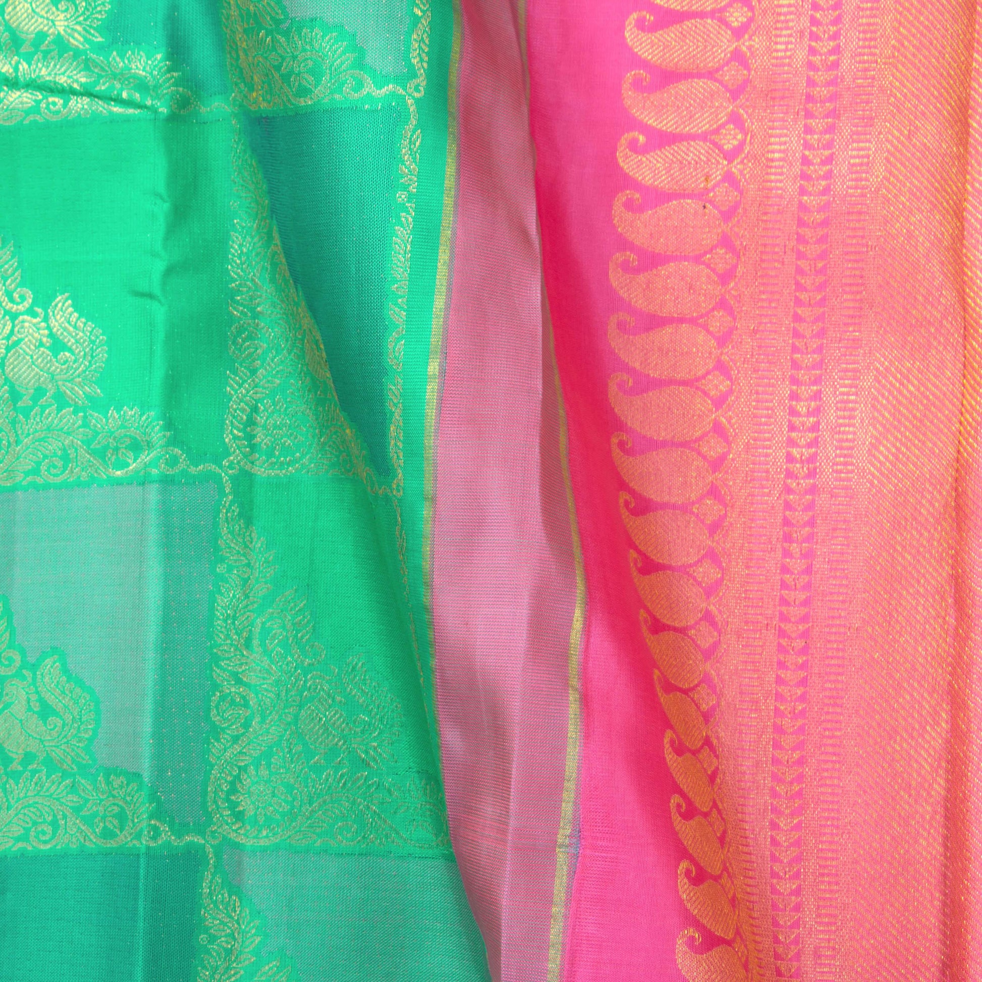 Sea Green And Pink Kanchipuram Silk Saree Borderless Handwoven Pure Silk For Festive Wear PV NYC 1230 - Silk Sari - Panjavarnam PV NYC 1230