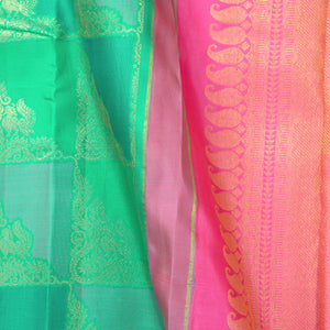 Sea Green And Pink Kanchipuram Silk Saree Borderless Handwoven Pure Silk For Festive Wear PV NYC 1230 - Silk Sari - Panjavarnam PV NYC 1230