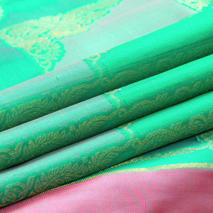 Sea Green And Pink Kanchipuram Silk Saree Borderless Handwoven Pure Silk For Festive Wear PV NYC 1230 - Silk Sari - Panjavarnam PV NYC 1230