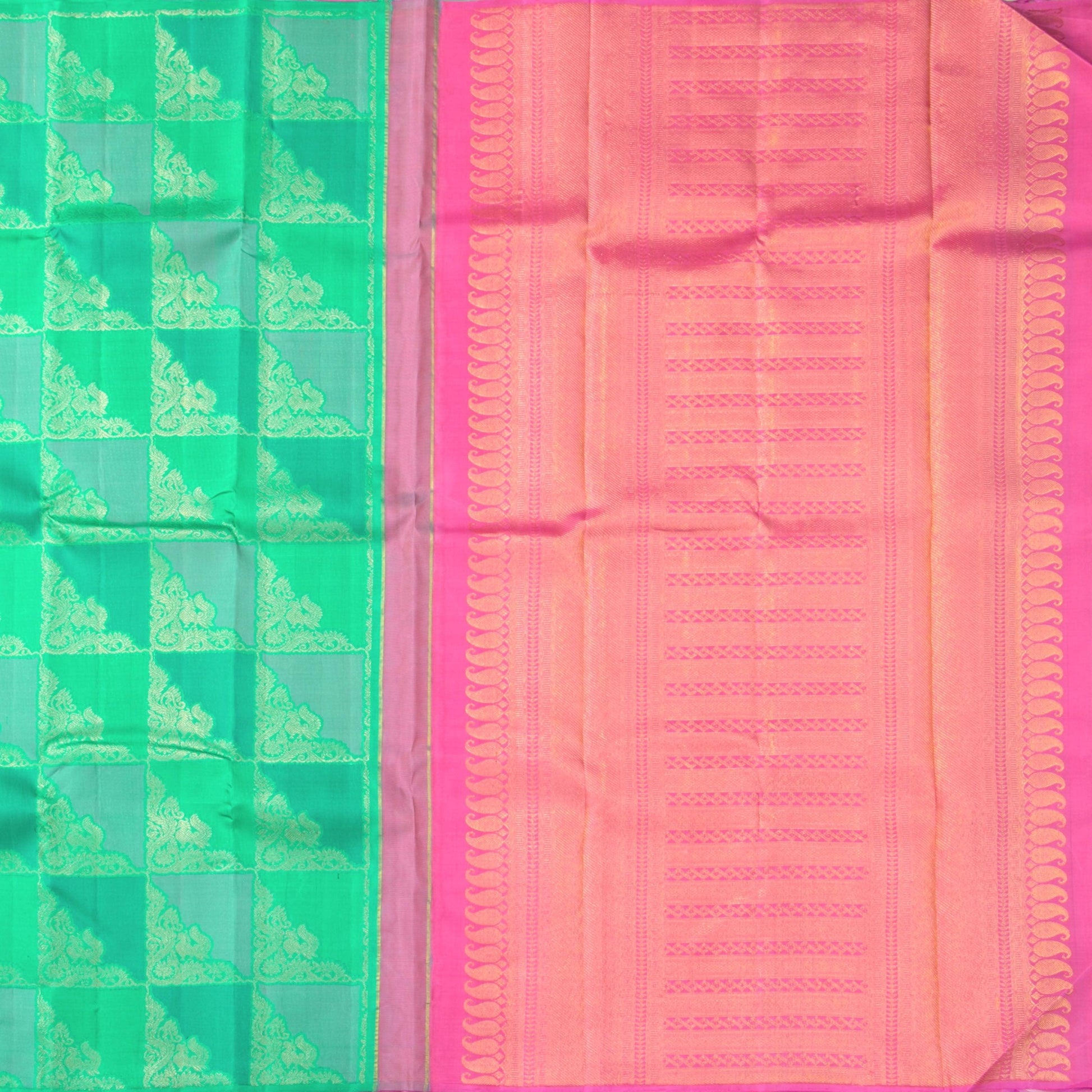 Sea Green And Pink Kanchipuram Silk Saree Borderless Handwoven Pure Silk For Festive Wear PV NYC 1230 - Silk Sari - Panjavarnam PV NYC 1230