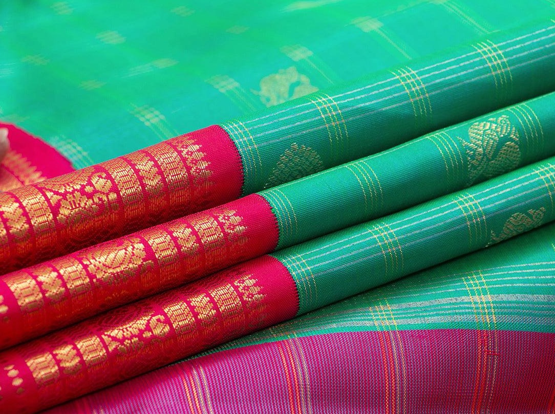 Sea Green And Pink Kanchipuram Silk Saree With Medium Border Handwoven Pure Silk For Wedding Wear PV NYC 1069 - Silk Sari - Panjavarnam PV NYC 1069