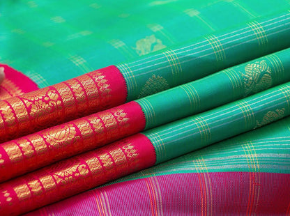 Sea Green And Pink Kanchipuram Silk Saree With Medium Border Handwoven Pure Silk For Wedding Wear PV NYC 1069 - Silk Sari - Panjavarnam PV NYC 1069