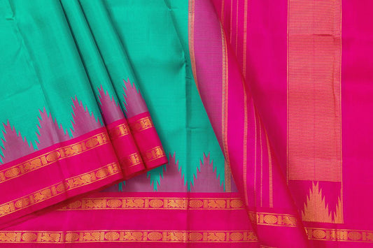 Sea Green And Pink Temple Border Kanchipuram Silk Saree Light Weight For Festive Wear PV KNN 245 - Silk Sari - Panjavarnam