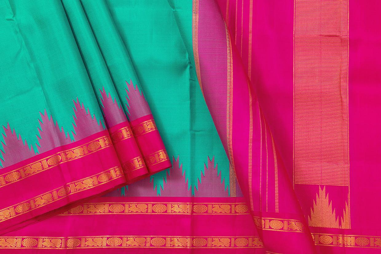 Sea Green And Pink Temple Border Kanchipuram Silk Saree Light Weight For Festive Wear PV KNN 245 - Silk Sari - Panjavarnam PV KNN 245