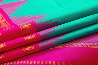 Sea Green And Pink Temple Border Kanchipuram Silk Saree Light Weight For Festive Wear PV KNN 245 - Silk Sari - Panjavarnam PV KNN 245