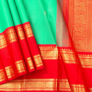 Sea Green And Red Kanchipuram Silk Saree With Medium Border Handwoven Pure Silk For Wedding Wear PV J 2383 - Silk Sari - Panjavarnam PV J 2383