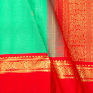 Sea Green And Red Kanchipuram Silk Saree With Medium Border Handwoven Pure Silk For Wedding Wear PV J 2383 - Silk Sari - Panjavarnam PV J 2383