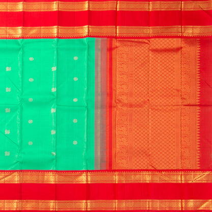 Sea Green And Red Kanchipuram Silk Saree With Medium Border Handwoven Pure Silk For Wedding Wear PV J 2383 - Silk Sari - Panjavarnam PV J 2383