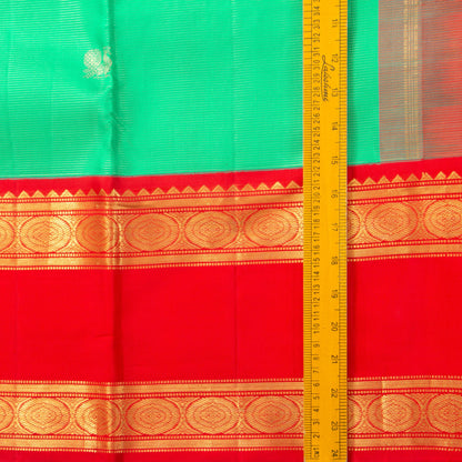 Sea Green And Red Kanchipuram Silk Saree With Medium Border Handwoven Pure Silk For Wedding Wear PV J 2383 - Silk Sari - Panjavarnam PV J 2383