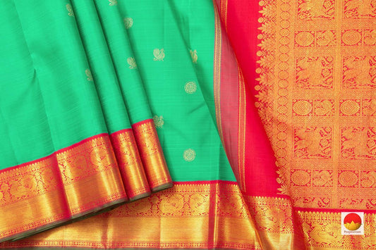 Sea Green And Red Kanchipuram Silk Saree With Medium Border Handwoven Pure Silk For Wedding Wear PV NYC 1001 - Silk Sari - Panjavarnam PV NYC 1001