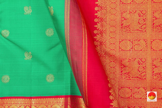 Sea Green And Red Kanchipuram Silk Saree With Medium Border Handwoven Pure Silk For Wedding Wear PV NYC 1001 - Silk Sari - Panjavarnam PV NYC 1001