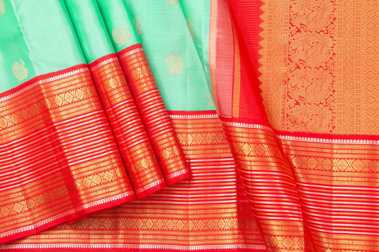 Sea Green And Red Kanchipuram Silk Saree With Small Border Handwoven Pure Silk For Wedding Wear PV NYC 1004 - Silk Sari - Panjavarnam PV NYC 1004