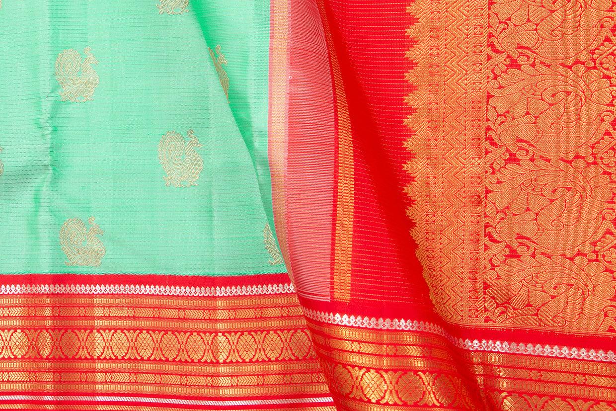 Sea Green And Red Kanchipuram Silk Saree With Small Border Handwoven Pure Silk For Wedding Wear PV NYC 1004 - Silk Sari - Panjavarnam PV NYC 1004