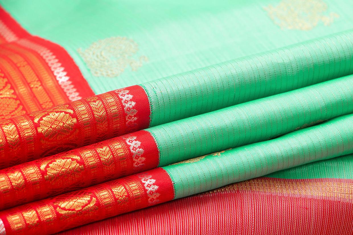 Sea Green And Red Kanchipuram Silk Saree With Small Border Handwoven Pure Silk For Wedding Wear PV NYC 1004 - Silk Sari - Panjavarnam PV NYC 1004