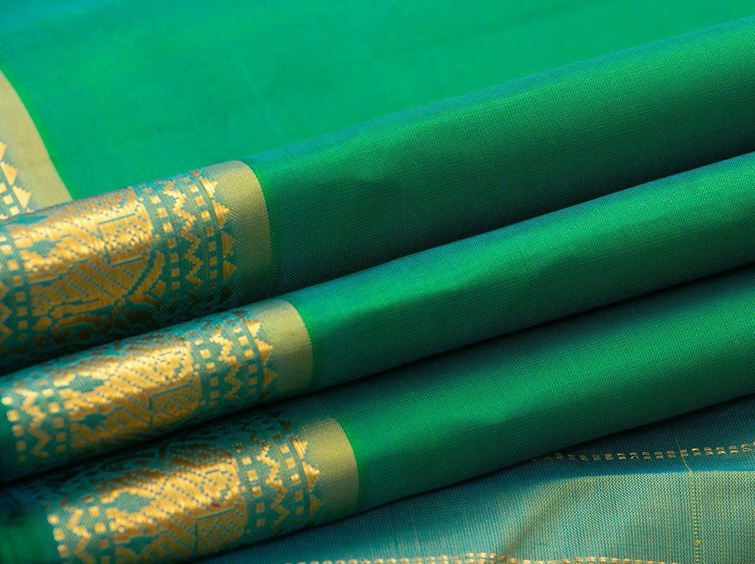 Sea Green Kanchipuram Silk Saree Handwoven Pure Silk Pure Zari Short Border Light Weight - PV J 5650 - Silk Sari - Panjavarnam J 5650