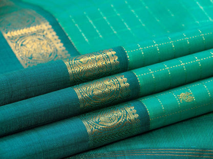 Sea Green Kanchipuram Silk Saree With Blue Rettai Pettu Border Handwoven Pure Silk Pure Zari For Festive Wear - PV J 6901 - Silk Sari - Panjavarnam