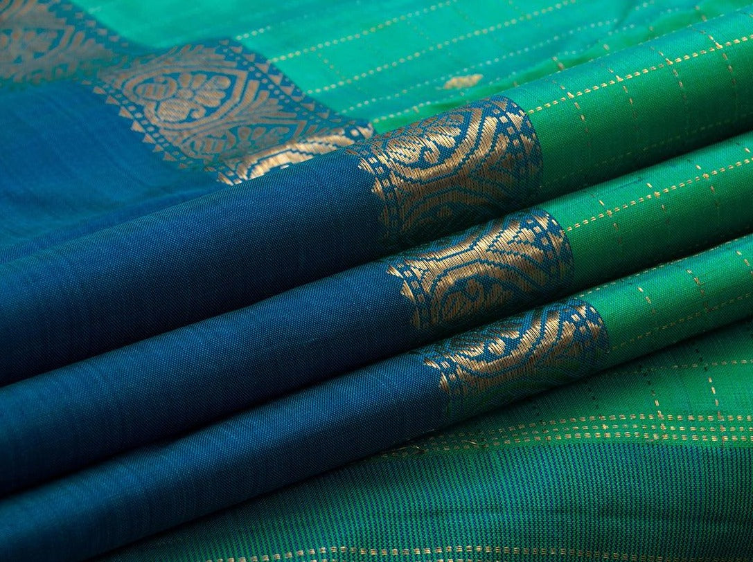 Sea Green Kanchipuram Silk Saree With Contrast Korvai Blue Rettai Pettu Border Handwoven Pure Silk Pure Zari For Wedding Wear PV J 4977 - Silk Sari - Panjavarnam