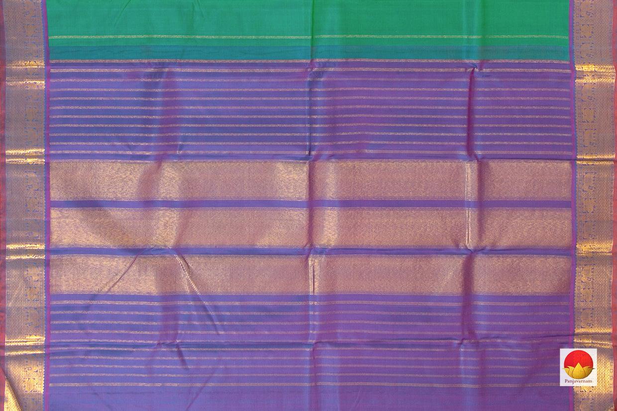 Sea Green Kanchipuram Silk Saree With Contrast Purple Border Handwoven Pure Silk Pure Zari For Festive Wear - PV J 7218 - Silk Sari - Panjavarnam