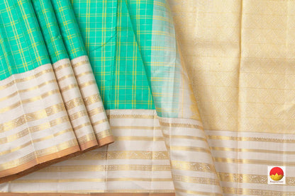 Sea Green Kanchipuram Silk Saree With Off White Border Handwoven Pure Silk Pure Zari For Weddings PV NYC 983 - Silk Sari - Panjavarnam