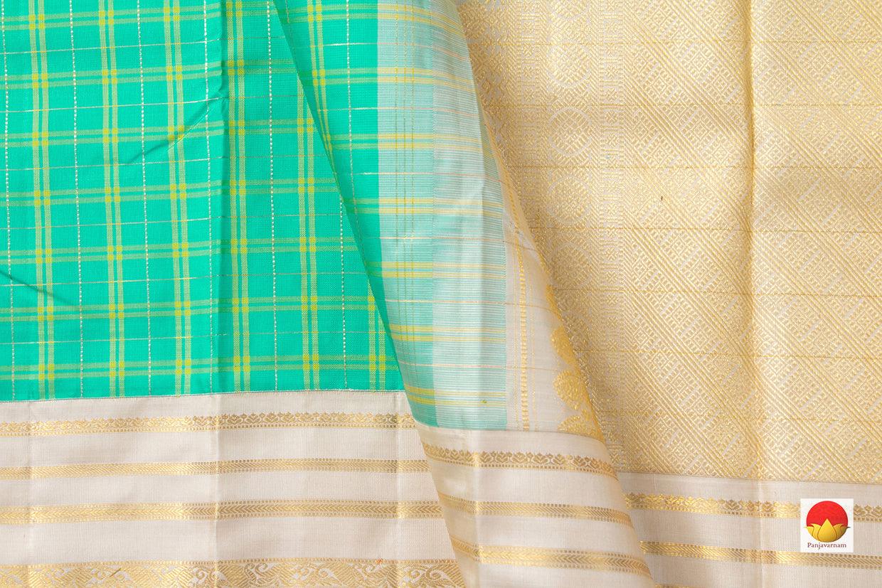 Sea Green Kanchipuram Silk Saree With Off White Border Handwoven Pure Silk Pure Zari For Weddings PV NYC 983 - Silk Sari - Panjavarnam