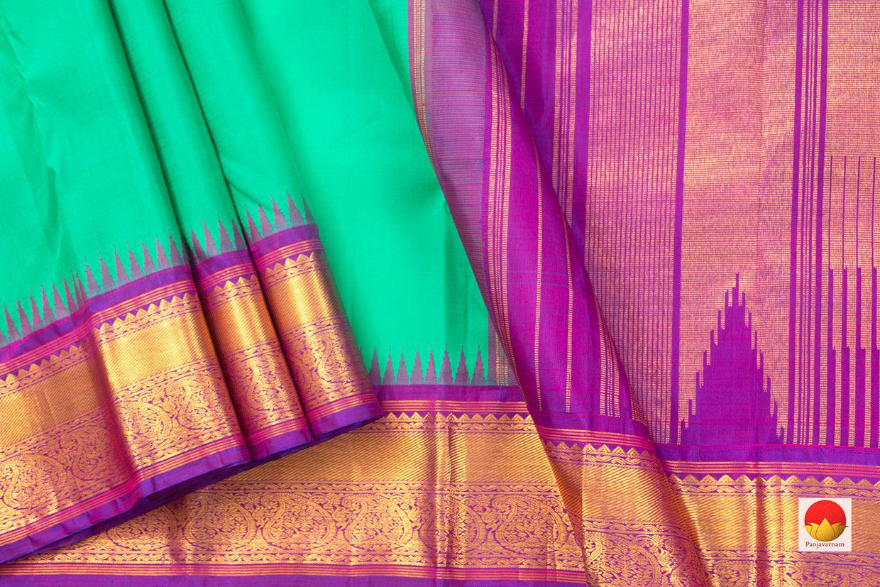 Sea Green Kanchipuram Silk Saree With Purple Temple Korvai Border Handwoven Pure Silk Pure Zari For Weddings - PV J 5639 - Silk Sari - Panjavarnam