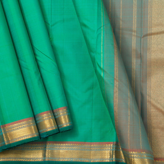 Sea Green Kanchipuram Silk Saree With Small Border Handwoven Pure Silk For Festive Wear PV J 2465 - Silk Sari - Panjavarnam PV J 2465