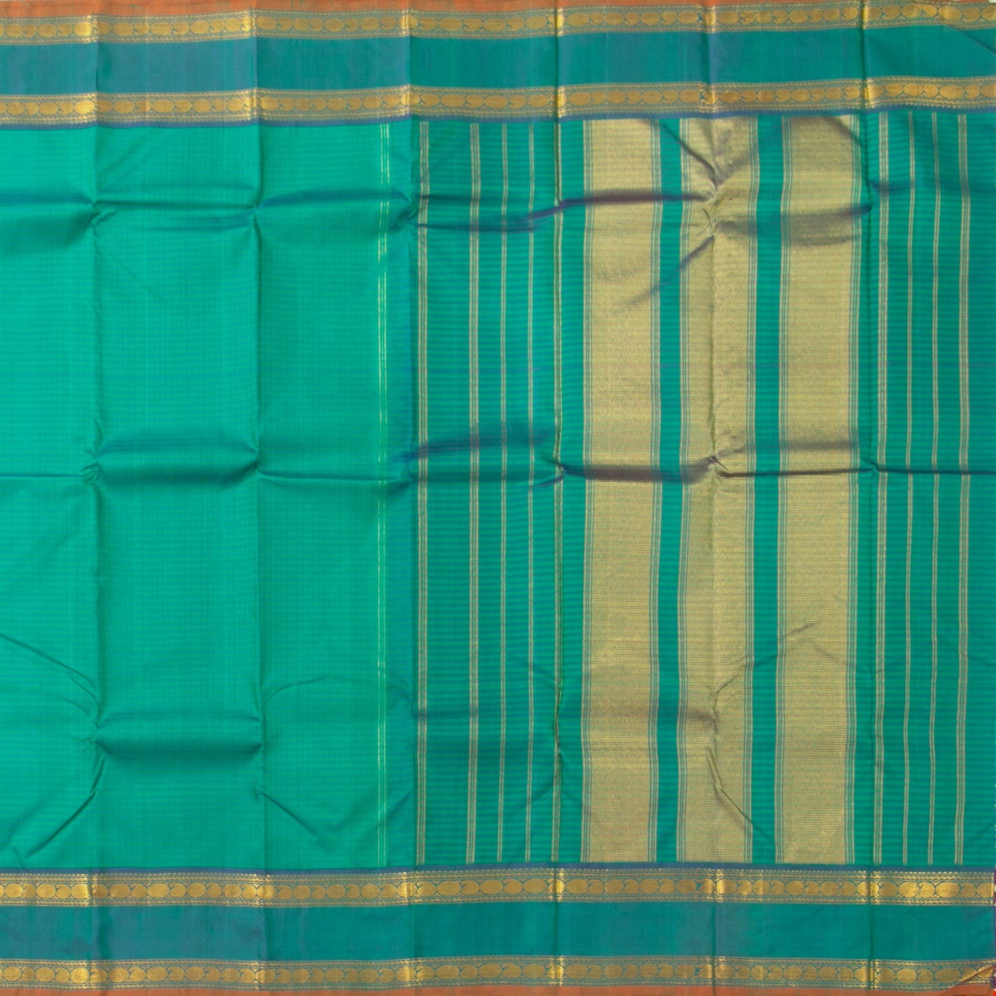 Sea Green Kanjivaram Silk Saree With Medium Border Handwoven Pure Silk For Festival Wear PV J 2934 - Silk Sari - Panjavarnam PV J 2934