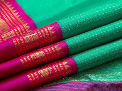 Sea Green Vaira Oosi Kanchipuram Silk Saree With Pink Korvai Border Handwoven Pure Silk Pure Zari For Wedding Wear PV NYC 899 - Silk Sari - Panjavarnam